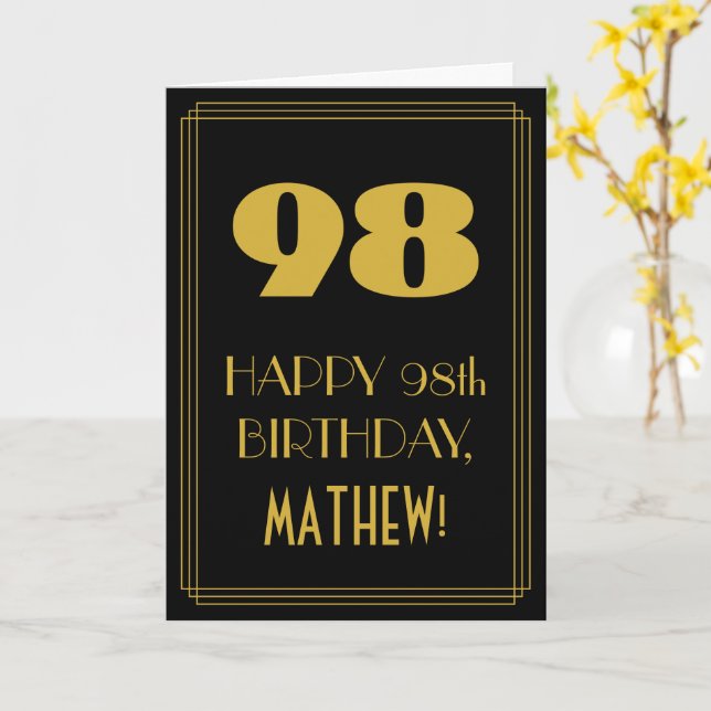 98th Birthday – Art Deco Inspired Look "98" & Name Card (Yellow Flower)