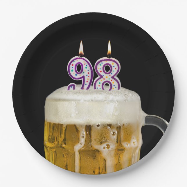 98th Birthday Beer on black Paper Plate (Front)