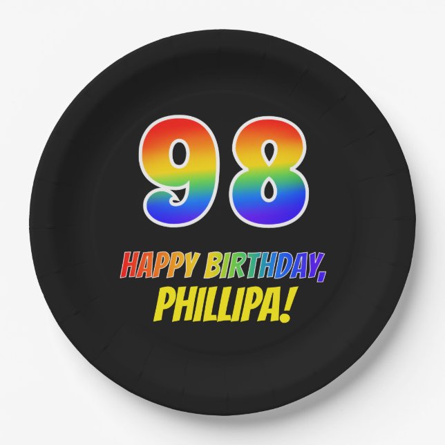 98th Birthday: Bold, Fun, Simple, Rainbow 98 Paper Plate (Front)