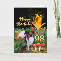 98th Birthday card dog papillon tulips butterfly