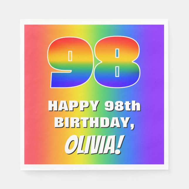 98th Birthday: Colourful, Fun Rainbow Pattern # 98 Napkin (Front)