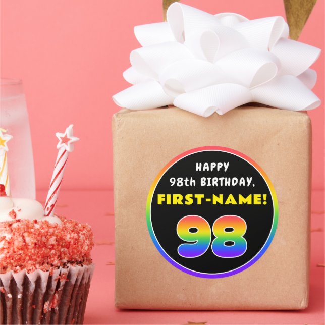 98th Birthday: Colourful Rainbow # 98, Custom Name Classic Round Sticker (Party)