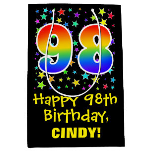 98th Birthday: Colourful Stars Pattern & Rainbow 9 Medium Gift Bag
