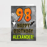 98th Birthday: Eerie Halloween Theme   Custom Name Card<br><div class="desc">The front of this scary and spooky Halloween themed birthday greeting card design features a large number “98”. It also features the message “HAPPY BIRTHDAY, ”, and a customisable name. There are also depictions of a bat and a ghost on the front. The inside features a customisable birthday greeting message,...</div>