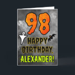 98th Birthday: Eerie Halloween Theme   Custom Name Card<br><div class="desc">The front of this scary and spooky Halloween themed birthday greeting card design features a large number “98”. It also features the message “HAPPY BIRTHDAY, ”, and a customisable name. There are also depictions of a bat and a ghost on the front. The inside features a customisable birthday greeting message,...</div>