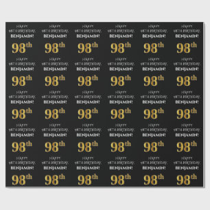 98th Birthday: Elegant, Black, Faux Gold Look Wrapping Paper