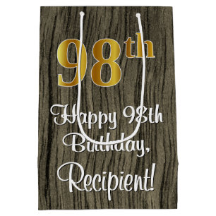 98th Birthday: Elegant Faux Gold Look #, Faux Wood Medium Gift Bag