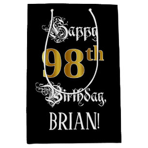 98th Birthday ~ Fancy Script; Faux Gold Look; Name Medium Gift Bag