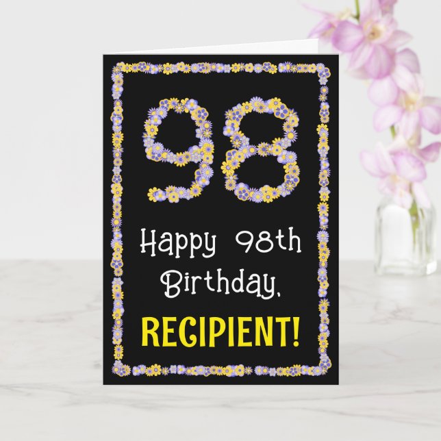 98th Birthday: Floral Flowers Number, Custom Name Card (Orchid)