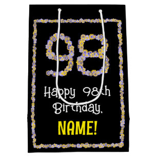 98th Birthday: Floral Flowers Number, Custom Name Medium Gift Bag