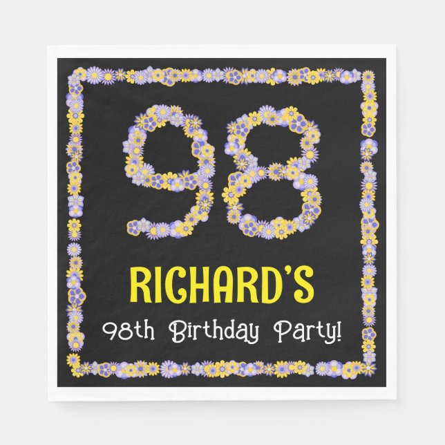 98th Birthday: Floral Flowers Number, Custom Name Napkin (Front)