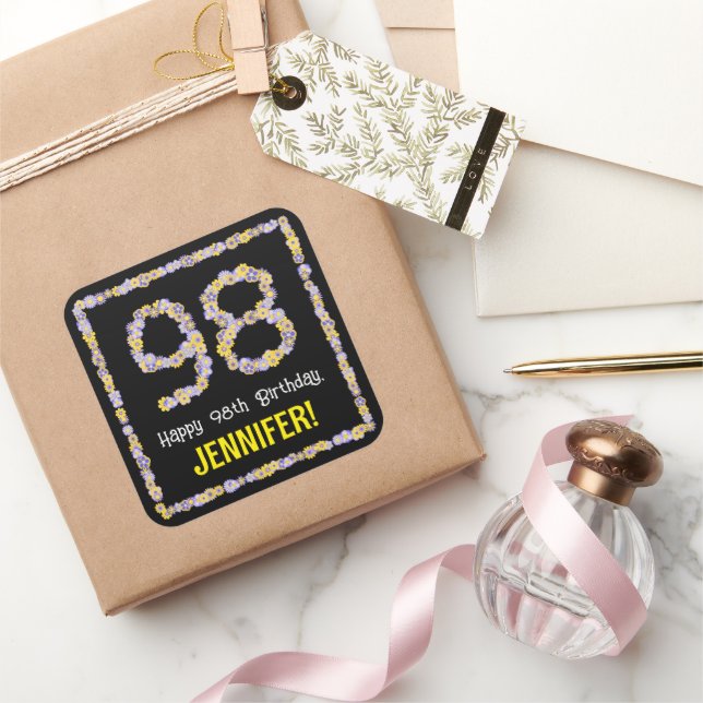 98th Birthday: Floral Flowers Number, Custom Name Square Sticker (Gifting)