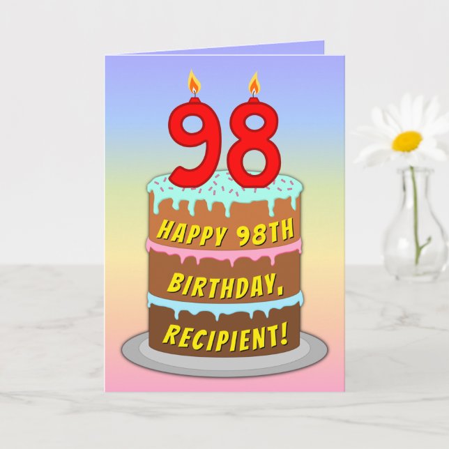 98th Birthday — Fun Cake & Candles, w/ Custom Name Card (Small Plant)
