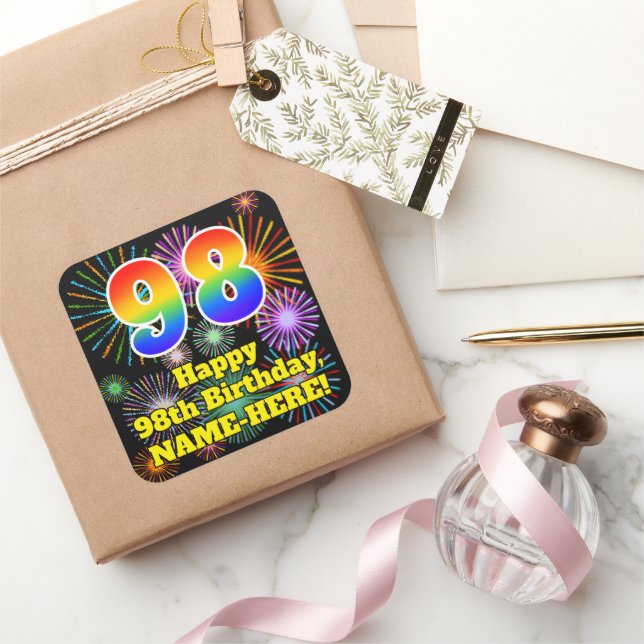 98th Birthday: Fun Fireworks Look, Rainbow # 98 Square Sticker (Gifting)
