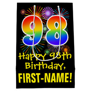 98th Birthday: Fun Fireworks Pattern + Rainbow 98 Medium Gift Bag
