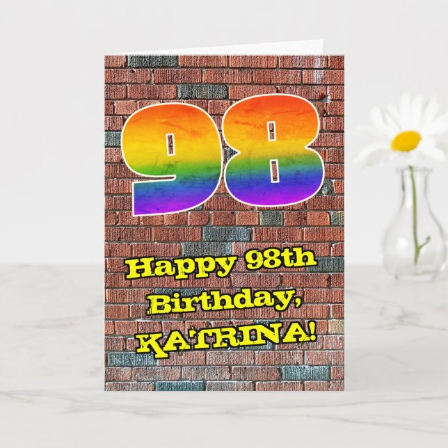98th Birthday: Fun Graffiti-Inspired Rainbow 98 Card (Small Plant)