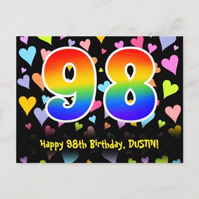 98th Birthday: Fun Hearts Pattern, Rainbow 98 Postcard (Front)