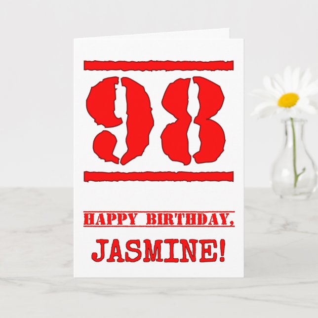 98th Birthday: Fun, Red Rubber Stamp Inspired Look Card (Small Plant)