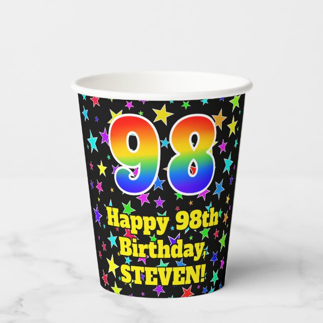 98th Birthday: Fun Stars Pattern and Rainbow 98 Paper Cups (Back)
