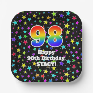 98th Birthday: Fun Stars Pattern and Rainbow “98 Paper Plate