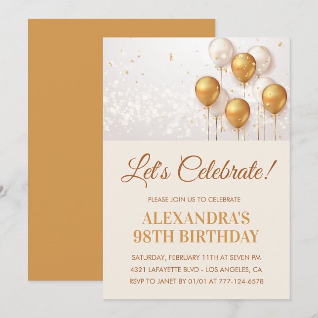 98th birthday invitations Balloons Gold (Front/Back)