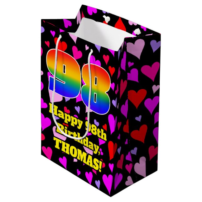 98th Birthday: Loving Hearts Pattern, Rainbow # 98 Medium Gift Bag (Front Angled)