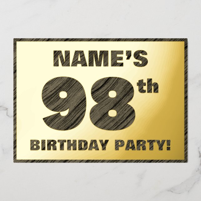 98th Birthday Party — Bold, Faux Wood Grain Text (Front)