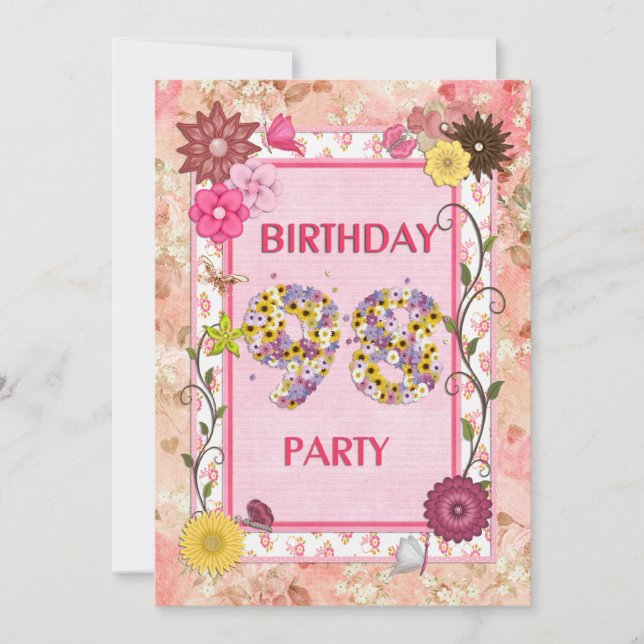 98th birthday party invitation with floral frame (Front)