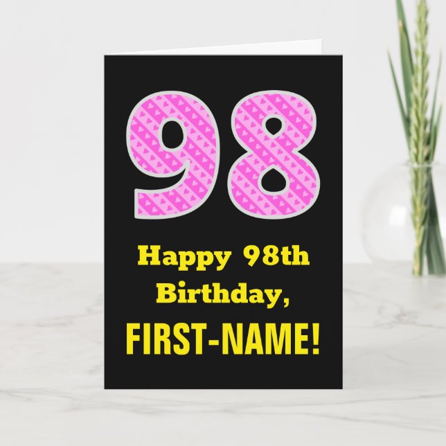98th Birthday: Pink Stripes and Hearts "98" + Name Card (Front)
