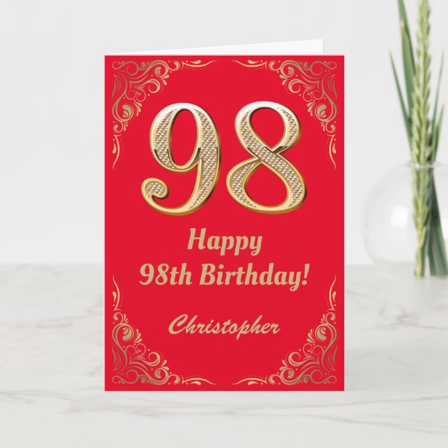 98th Birthday Red and Gold Glitter Frame Card (Front)