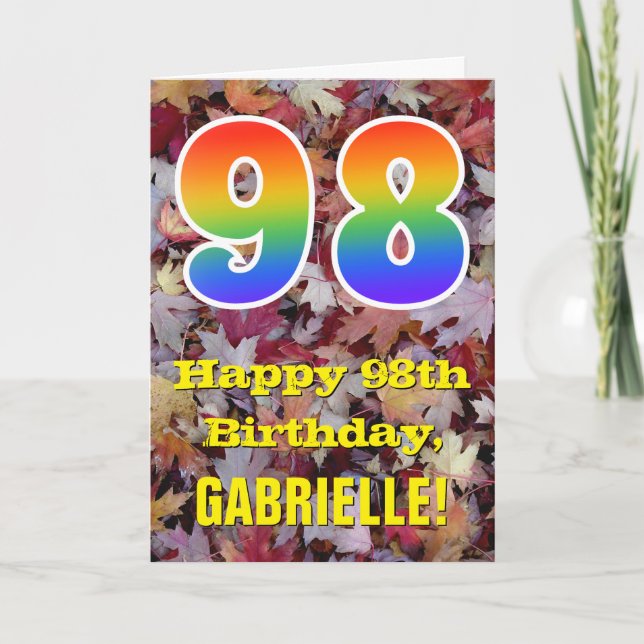 98th Birthday; Rustic Autumn Leaves; Rainbow "98" Card (Front)