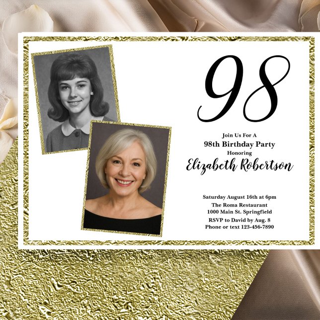 98th Custom Photo White and Gold  Invitation (Creator Uploaded)