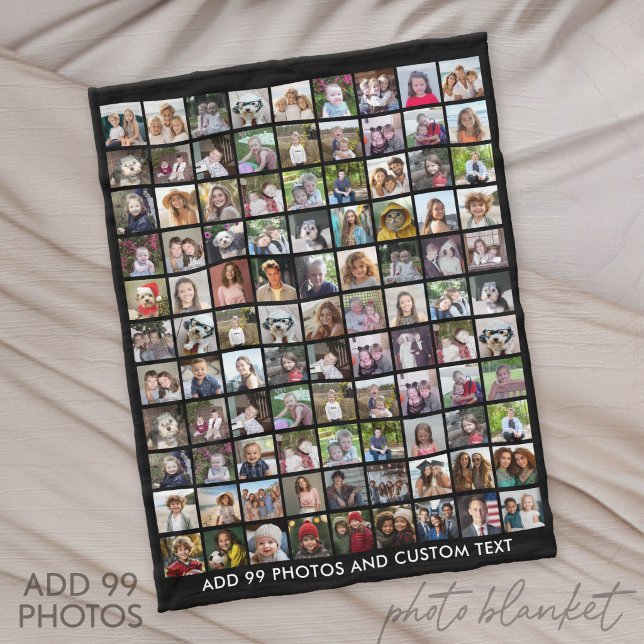 99 Photo Collage Grid with Text - black Fleece Blanket (Custom Fleece Blanket with Photo Collage)