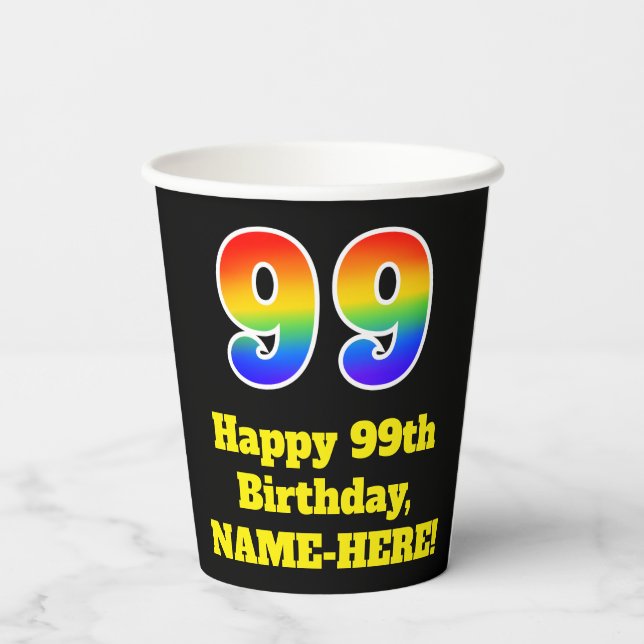 99th Birthday: Colourful, Fun, Exciting, Rainbow 9 Paper Cups (Back)