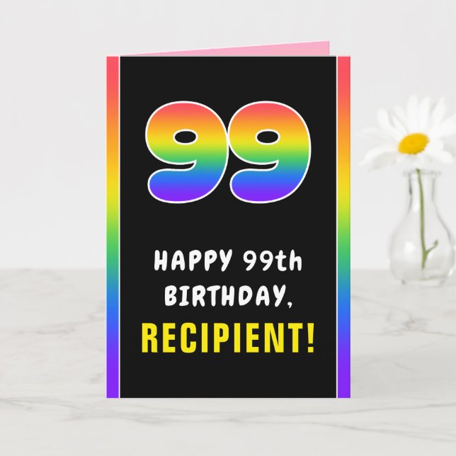 99th Birthday: Colourful Rainbow # 99, Custom Name Card (Small Plant)
