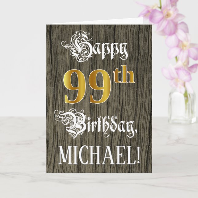 99th Birthday: Faux Gold Look + Faux Wood Pattern Card (Orchid)