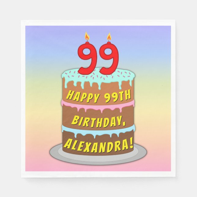 99th Birthday: Fun Cake and Candles + Custom Name Napkin (Front)