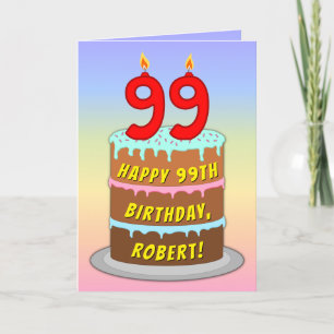 99th Birthday — Fun Cake & Candles, w/ Custom Name Card
