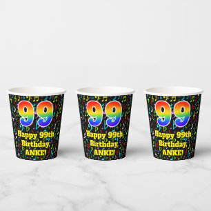 99th Birthday: Fun Music Notes Pattern, Rainbow 99 Paper Cups