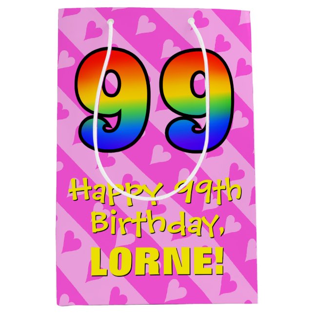 99th Birthday: Fun Pink Hearts Stripes; Rainbow 99 Medium Gift Bag (Front)
