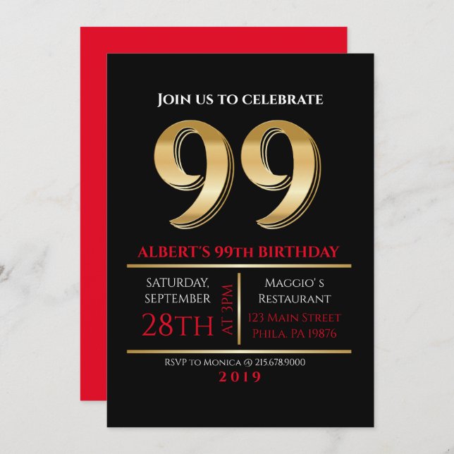99th Birthday Gold Black Party Invitation (Front/Back)