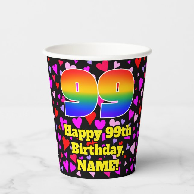 99th Birthday: Loving Hearts Pattern, Rainbow 99 Paper Cups (Back)