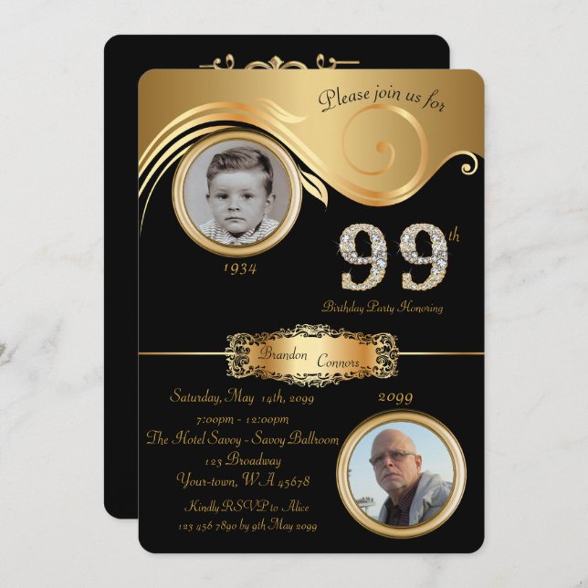 99th,Birthday Man 99th,elegant art deco,black Invitation (Front/Back)