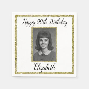 99th Birthday Napkins Custom Photo White and Gold