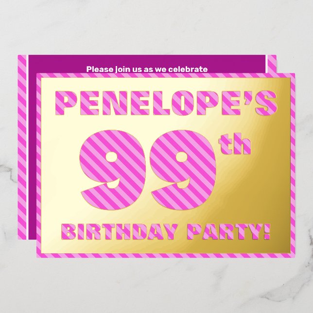 99th Birthday Party — Bold, Fun, Pink Stripes # 99 (Front/Back)