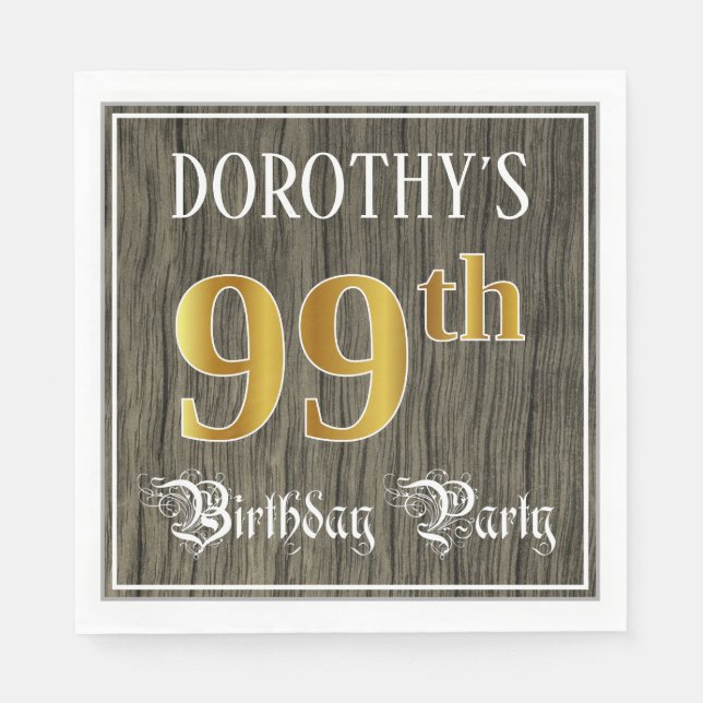 99th Birthday Party — Faux Gold & Faux Wood Looks Napkin (Front)