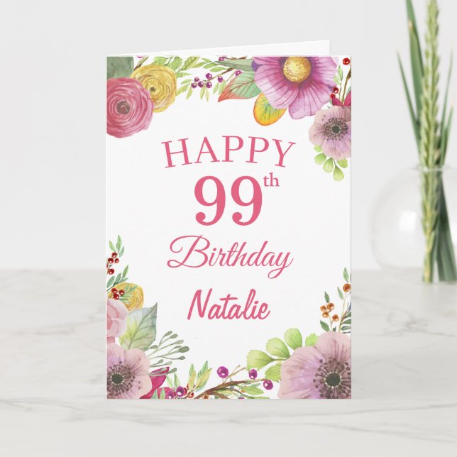 99th Birthday Watercolor Floral Flowers Pink Card (Front)