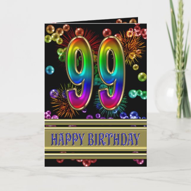 99th Birthday with rainbow bubbles and fireworks Card (Front)