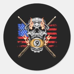 9 Ball Billiard Pool Player American Flag Skull Bi Classic Round Sticker