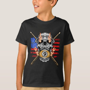 9 Ball Billiard Pool Player American Flag Skull Bi T-Shirt